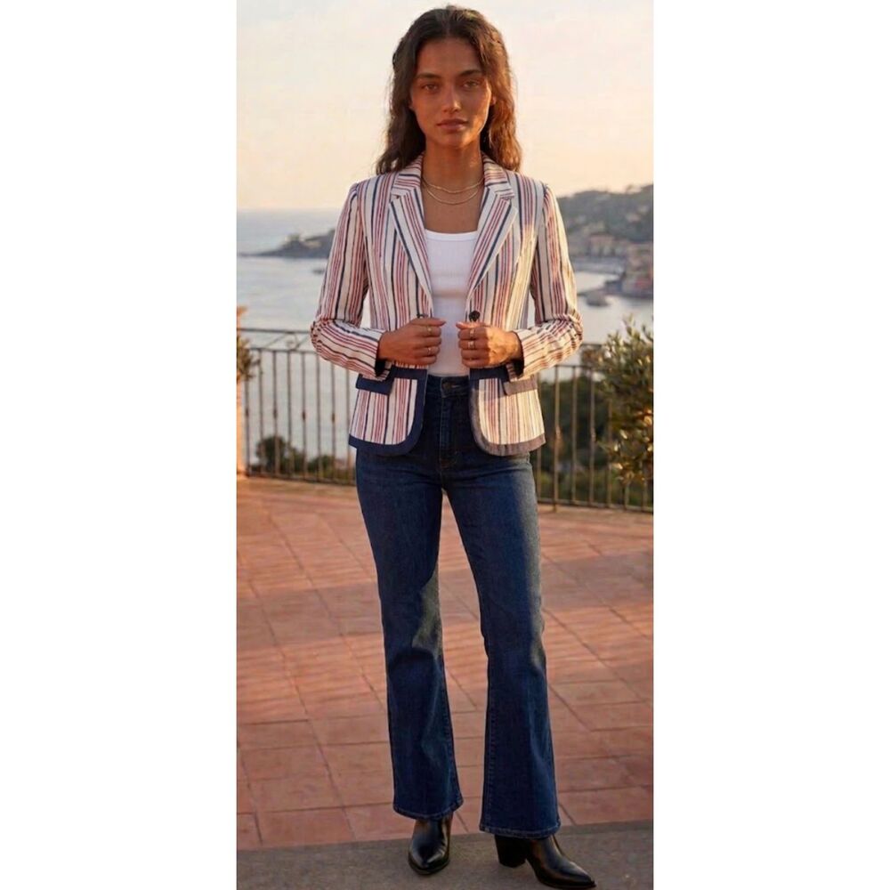 New Katherine Barclay Montreal Red White Blue Striped Blazer Women's Size Small